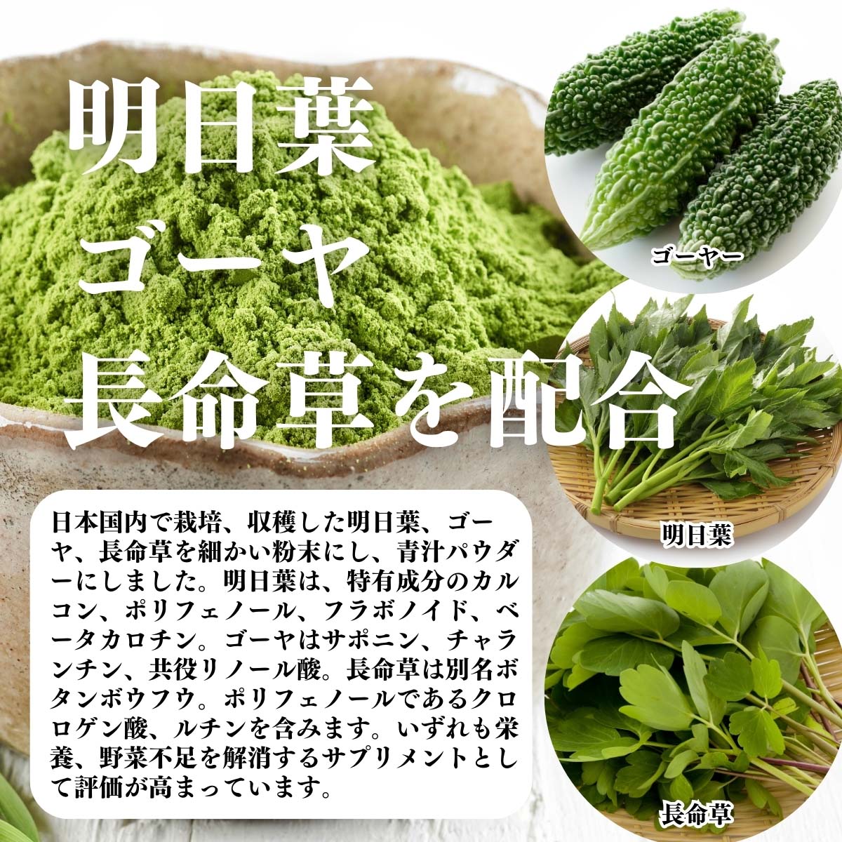 明日葉、ゴーヤ、長命草を配合